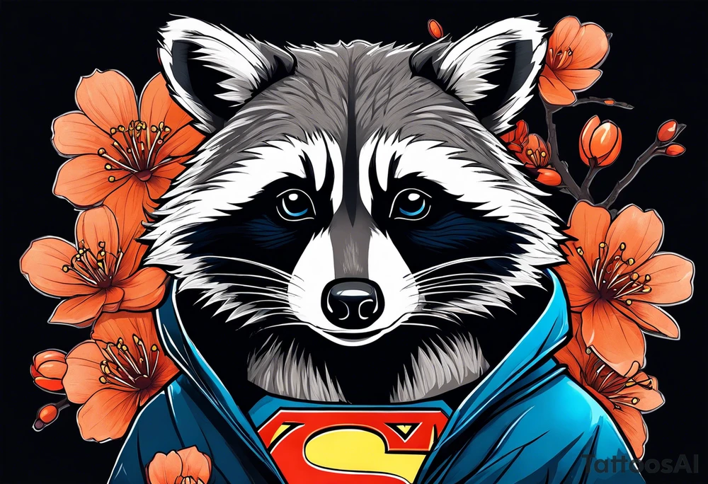 Raccoon wearing a white Superman logo on a black hoodie and orange Japanese cherry blossoms tattoo idea