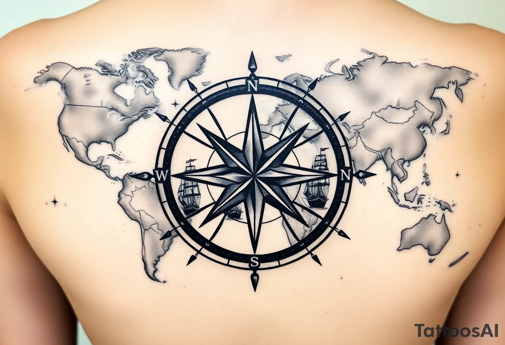 antique compass rose overlaid on weathered world map with sailing ships tattoo idea