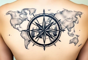 antique compass rose overlaid on weathered world map with sailing ships tattoo idea