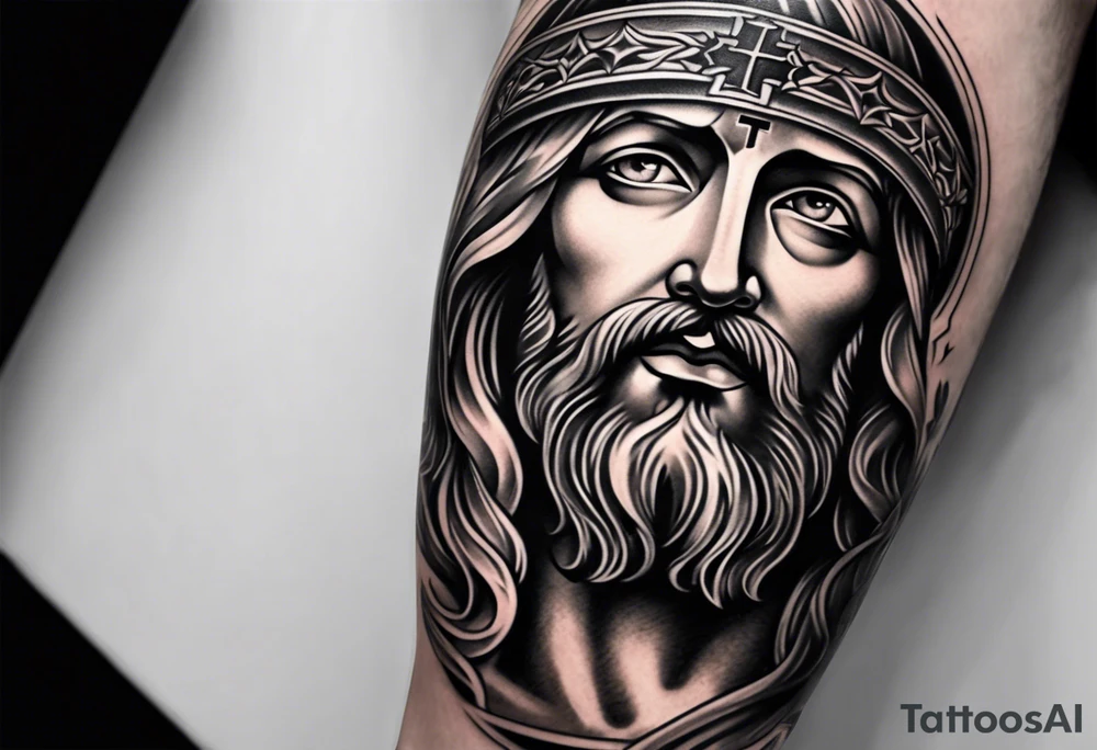 jesus leg tattoo with a cross and bible verse tattoo idea