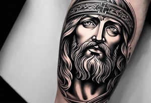 jesus leg tattoo with a cross and bible verse tattoo idea