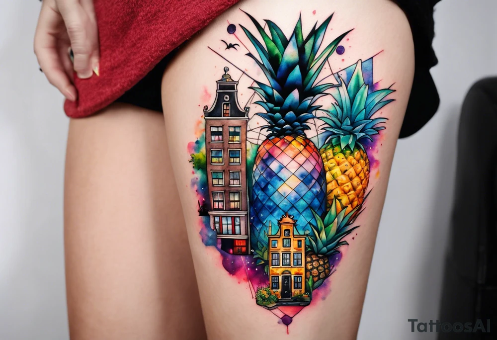 Watercolour tattoo featuring glass, animals in sections of pineapple, pineapples, space and Amsterdam houses, Amsterdam canal using galaxy colours featuring animals and birds, pineapples tattoo idea