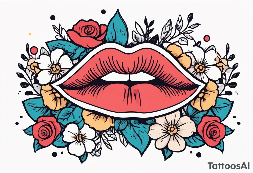 lips singing old school vintage traditional
flowers around and mouth next to microphone
bold and colorful simple design dots and simple flowers sketch tattoo idea