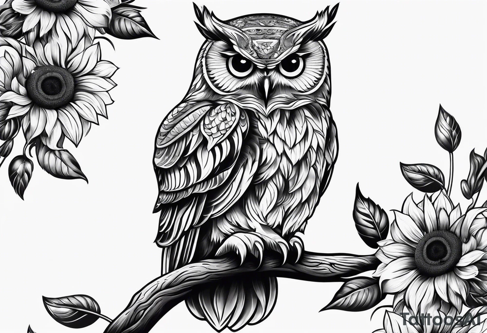 Owl with sunflower body tattoo idea