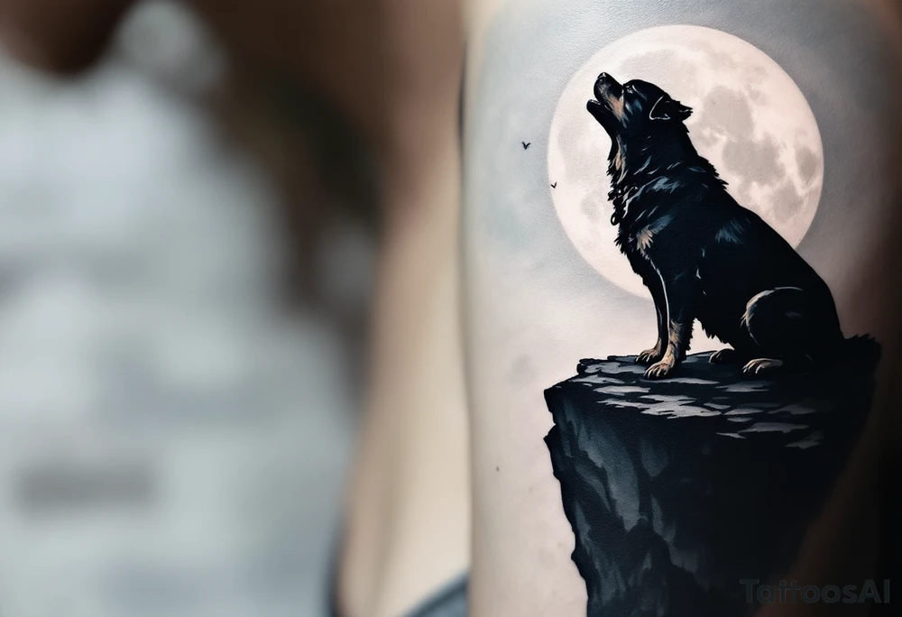 Rottweiler Howling at Moon – A silhouette of a howling Rottweiler on a cliff, with a large full moon in soft gray-blue behind it. A mix of blackwork and soft gradients. tattoo idea
