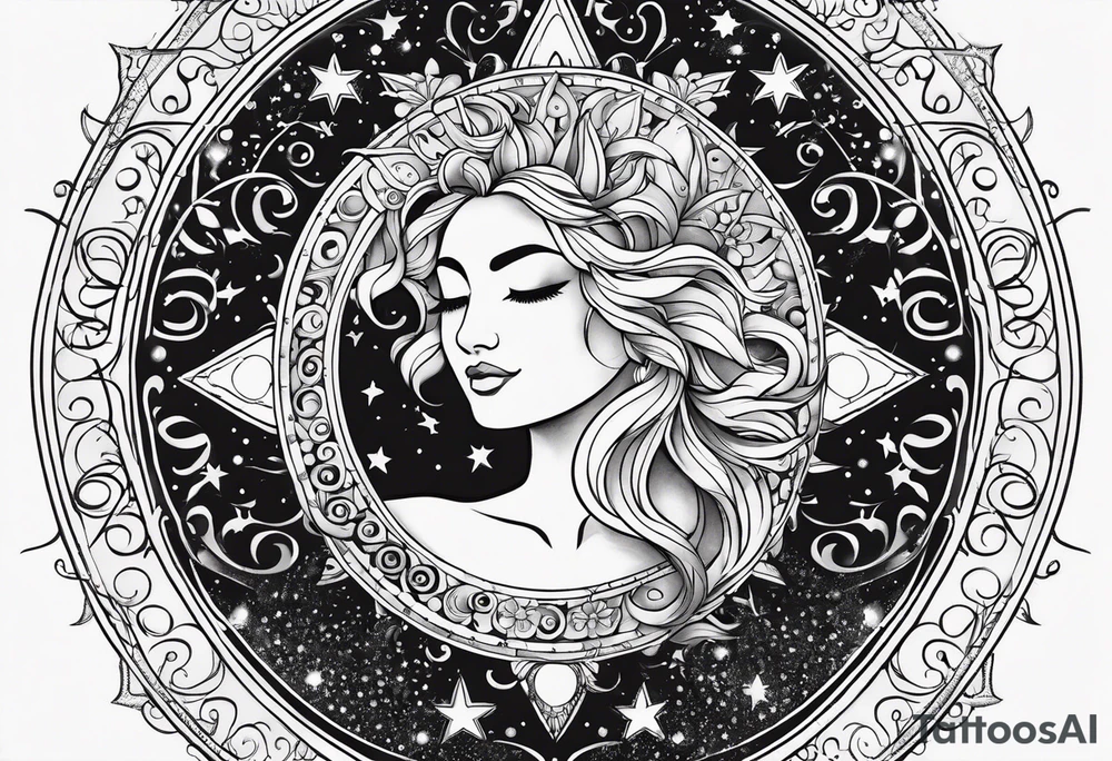 Feminine Sun and moon. long rectangular sternum swirls with dots and stars tattoo idea