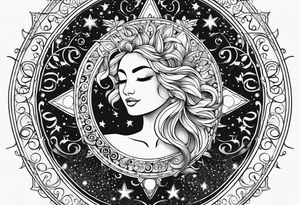Feminine Sun and moon. long rectangular sternum swirls with dots and stars tattoo idea