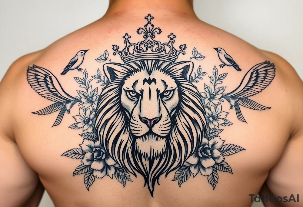 powerful majestic lion with a crown, surrounded by floral ornaments and birds tattoo idea
