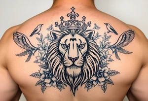 powerful majestic lion with a crown, surrounded by floral ornaments and birds tattoo idea