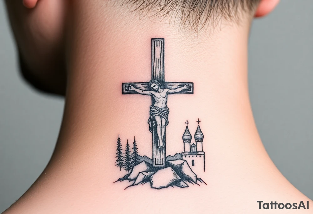 Traditional orthodox ICXC Christian cross with Jesus Christ on the cross also with the foot rest part of the cross in a Russian wilderness Kremlin setting tattoo idea