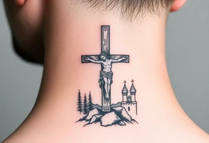 Traditional orthodox ICXC Christian cross with Jesus Christ on the cross also with the foot rest part of the cross in a Russian wilderness Kremlin setting tattoo idea