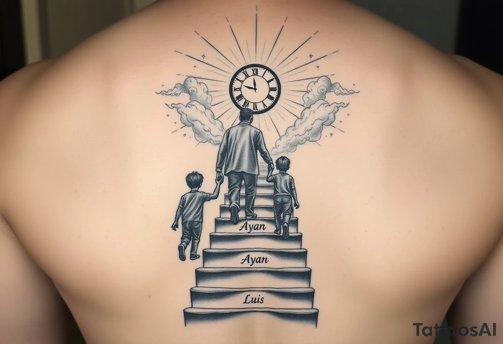 A symbolic black and grey tattoo design showing a father and his two sons climbing a long staircase toward a glowing clock at the top, surrounded by a radiant, heavenly atmosphere with sunlight and clouds. The environment should feel peaceful and divine, as if in heaven. The names 'Ayan' and 'Luis' should be elegantly integrated into the design, well balanced and harmoniously placed within the scene. tattoo idea