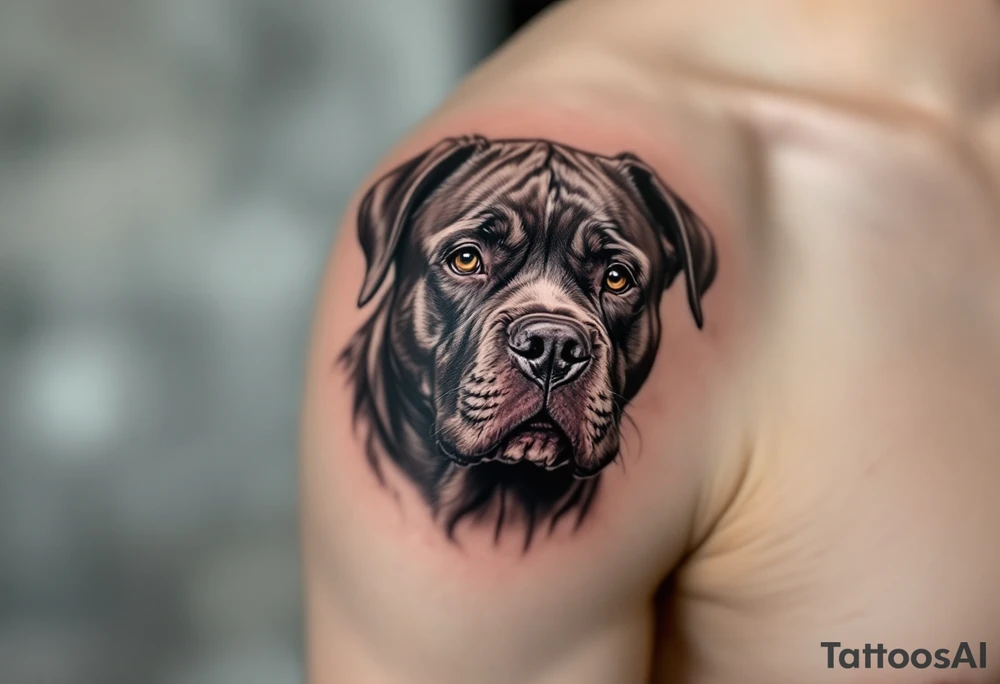 Realistic Portrait Stafford – A highly detailed black-and-gray portrait of a Stafford with expressive eyes and short, shiny fur; ideal for a forearm or chest tattoo. tattoo idea