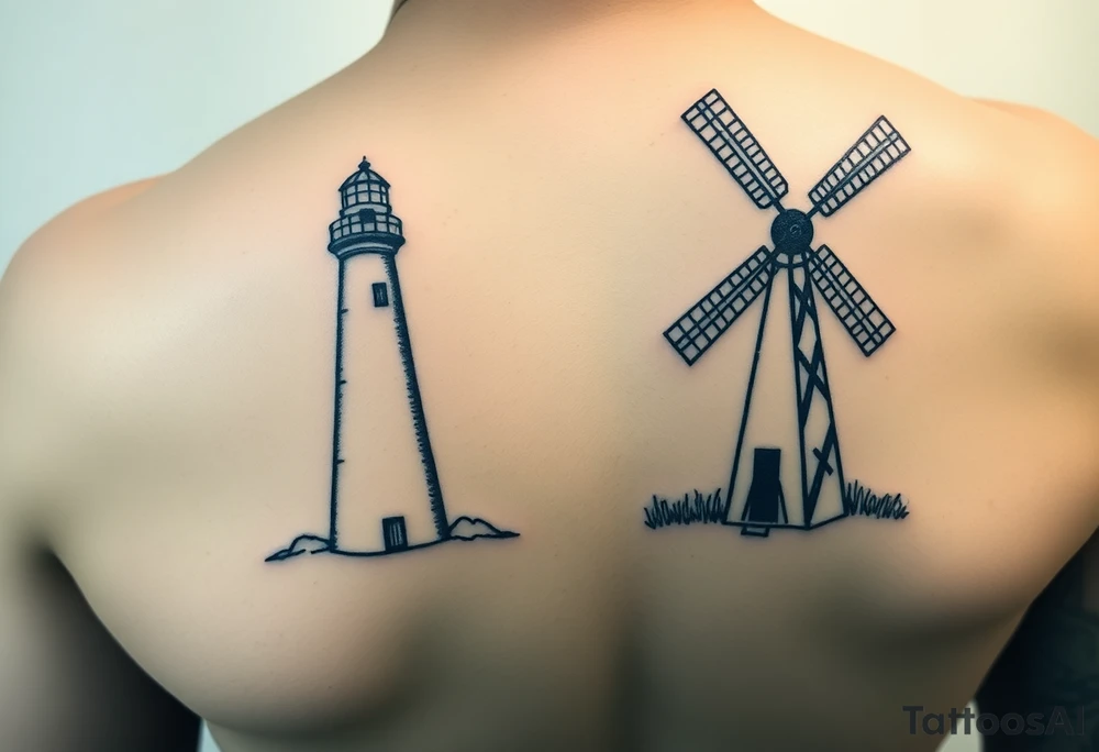 Combine Left half of lighthouse with right half of farm windmill. Simple lines minimalist slightly offset tattoo idea