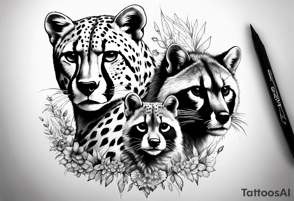 full body cheetah and also raccoon climbing on cheetah tattoo idea