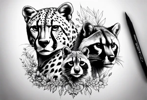 full body cheetah and also raccoon climbing on cheetah tattoo idea