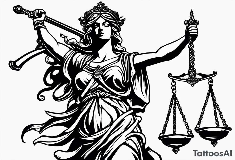 Lady justice with blindfolded eyes, holding a sword in the one hand and a libra in the other tattoo idea