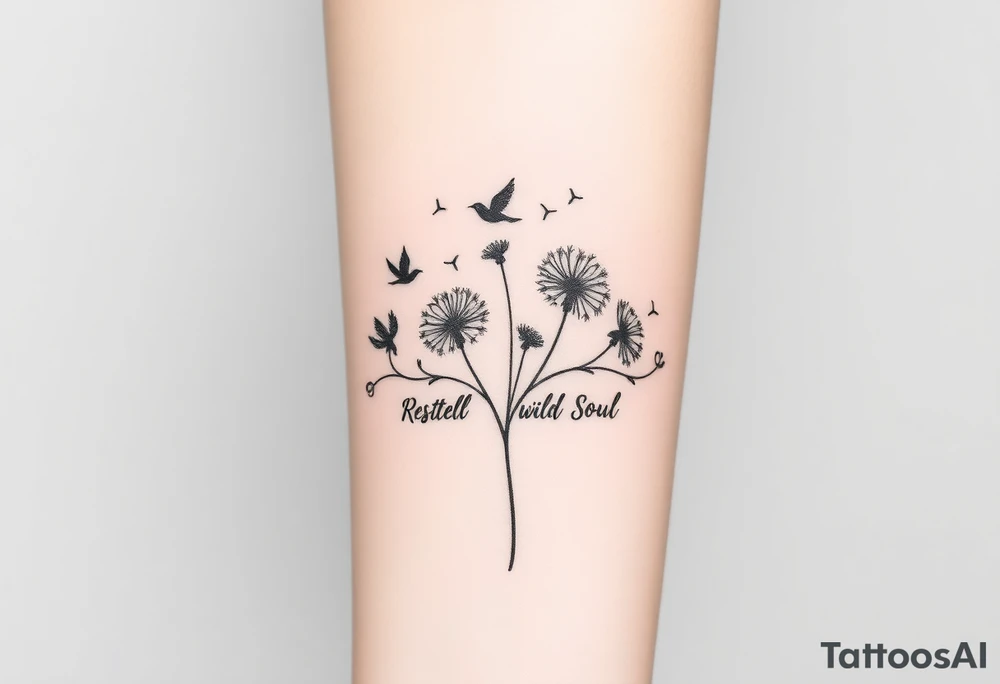 Double Black armband line around the forearm with wildflower dandelions in the middle with birds flying off and dopamine symbol coming off the stem. The words: Restless Mind, Wild Soul, Soft Heart tattoo idea