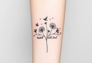 Double Black armband line around the forearm with wildflower dandelions in the middle with birds flying off and dopamine symbol coming off the stem. The words: Restless Mind, Wild Soul, Soft Heart tattoo idea