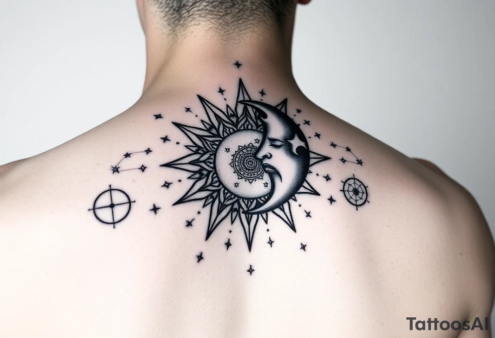 celestial sun and moon embrace with constellation patterns tattoo idea celestial sun and moon embrace with constellation patterns tattoo idea