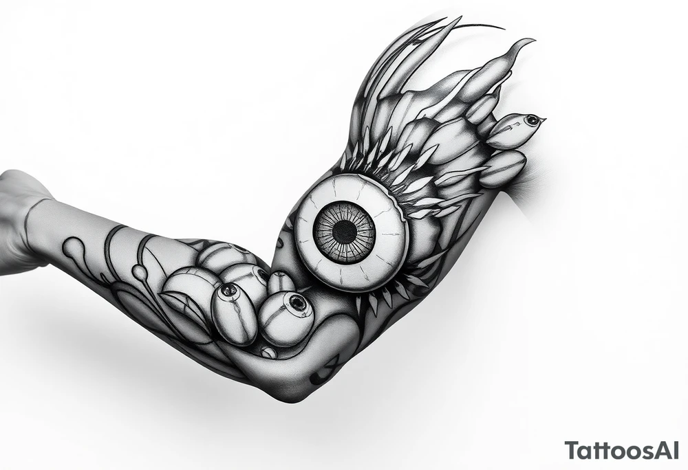 Half sleeve with eyeballs ripping out of the skin, inside of forearm is poorly stitched closed tattoo idea