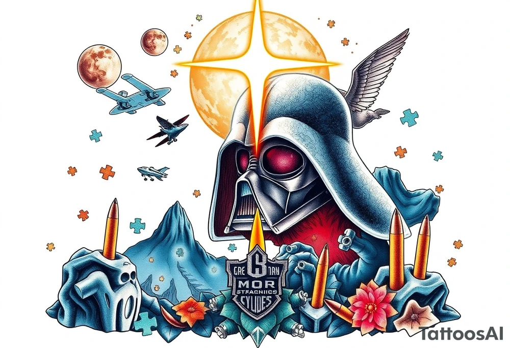 memorial, futuristic, star wars, space, skateboarding, camping, puzzle pieces, video games, heaven, god, outdoors, bullets, Harley Davidson, 
Seth J. Carter AKA "Darth Carter"
12/29/88-01/06/2025 tattoo idea