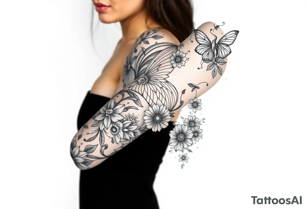 Magical powerful animal sleeve with fairies and flowers tattoo idea
