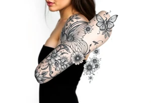 Magical powerful animal sleeve with fairies and flowers tattoo idea