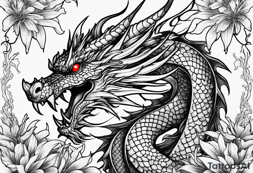 full Dragon with red Spider lilies surrounding it tattoo idea