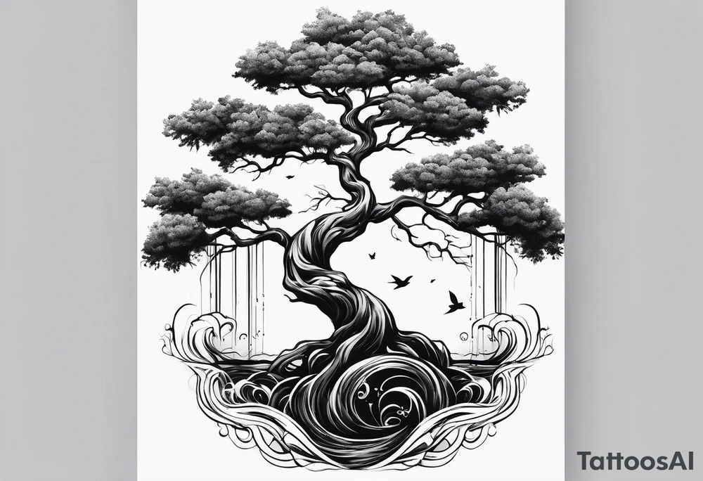 Black and white full sleeve tree going up with roots turning into water going down to wrist tattoo idea