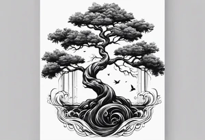 Black and white full sleeve tree going up with roots turning into water going down to wrist tattoo idea