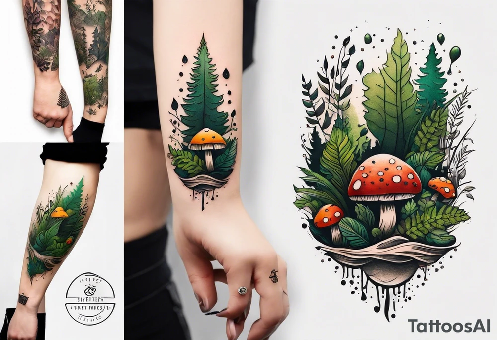 forest floor inspired minimalist tattoo, which includes grass, curly ferns, moss and dead leaves as the bulk of the tattoo. details to include: forest berries, a tiny bumblebee flying nearby, three small brown mushrooms
Generate a vertically long one tattoo idea