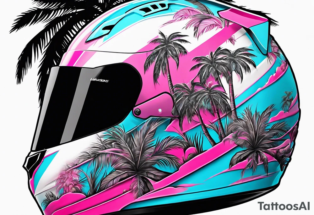 formula 1 helment with a palm tree and black light blue and pink colors tattoo idea