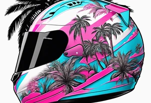 formula 1 helment with a palm tree and black light blue and pink colors tattoo idea
