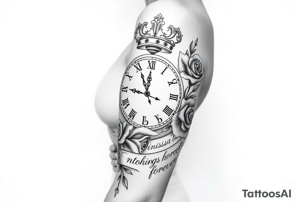 Roman clock with a crown, surrounded by 3 roses and a quote that says nothings forever tattoo idea