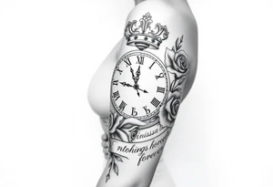 Roman clock with a crown, surrounded by 3 roses and a quote that says nothings forever tattoo idea