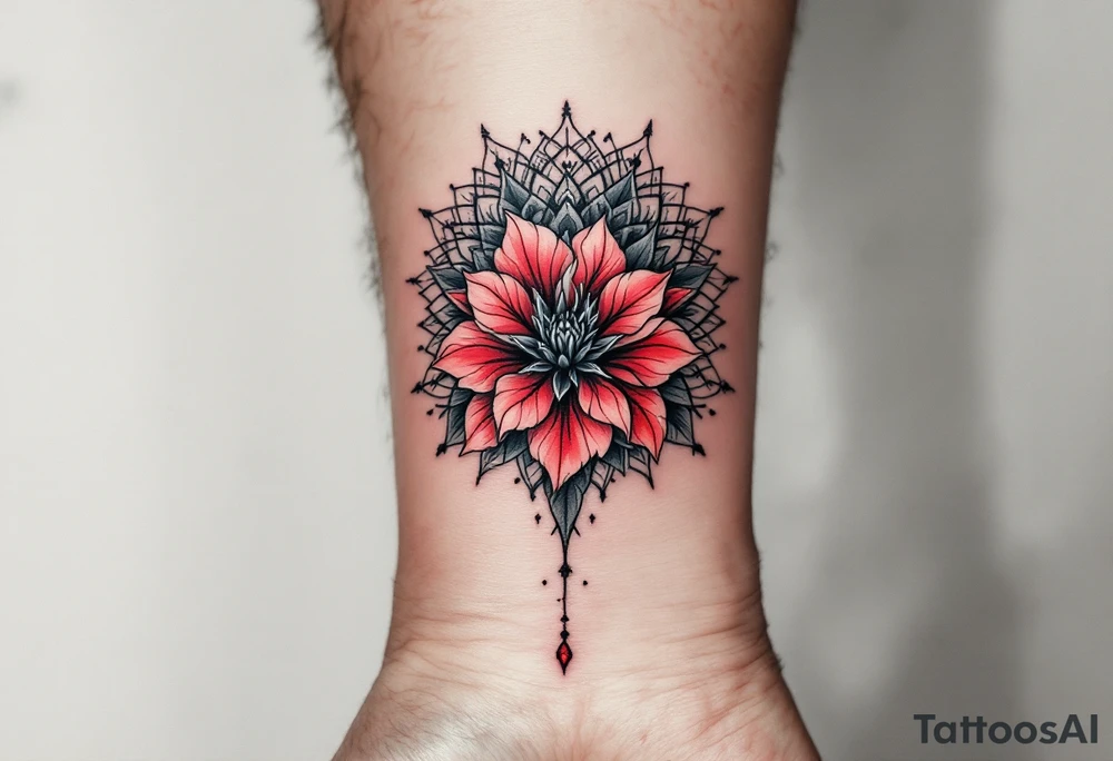 red  and black rhododendron trippy with mandala behind tattoo idea