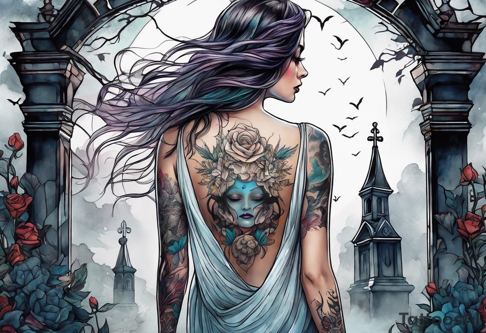 Woman walking out of a graveyard  leaving her old terrifying past behind her ethereal and mysterious tattoo idea
