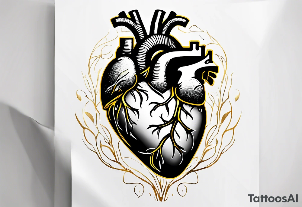 Realistic Anatomical heart with gold sealant lines tattoo idea