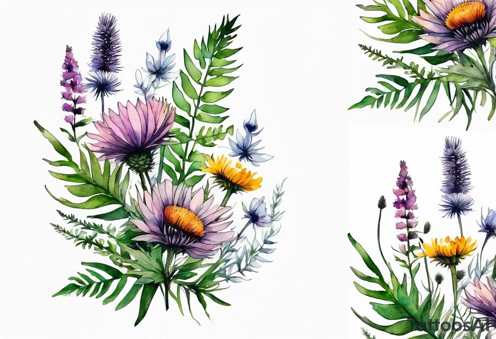 vertical mixed wildflower bouquet with ferns, thistle and with watercolor tattoo idea