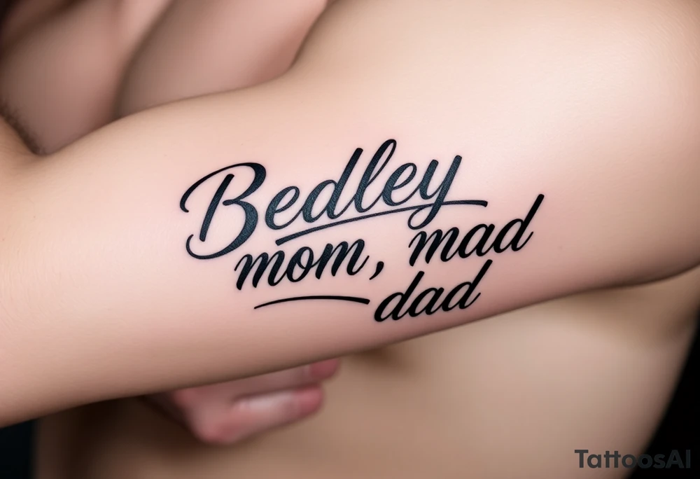 Powerful, masculine with "Bradley, mom, dad" writen tattoo idea