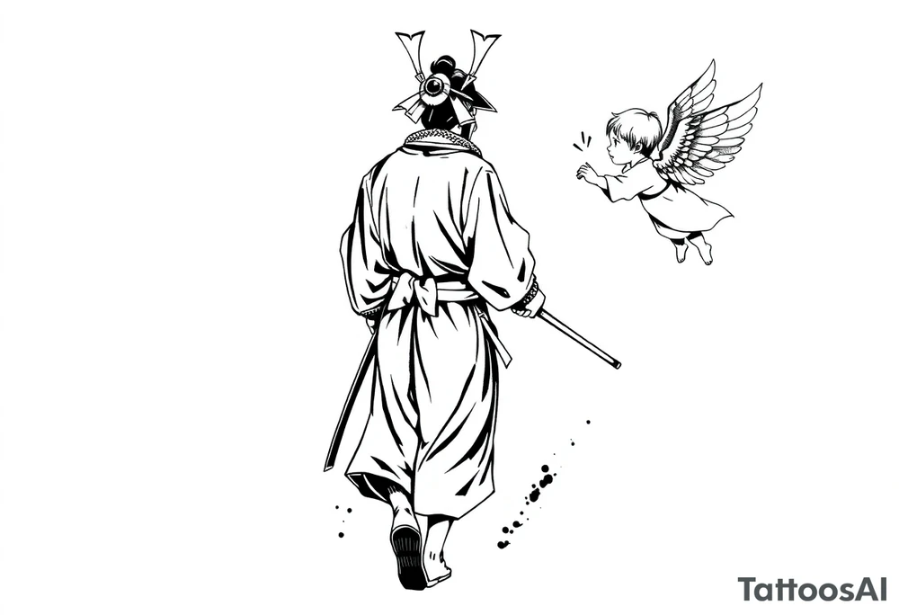 "Blackwork tattoo illustration of a samurai walking forward, seen from behind. The samurai wears a traditional kimono and hakama, holding two long katanas in a relaxed but ready pose. To his right, a small child angel with detailed feathered wings floats in the air, gently reaching toward him with an outstretched hand. Strong contrast, dynamic ink splatters, sumi-e brush stroke effects, minimalist white background, dramatic lighting, emotional and symbolic composition, high-detail linework." tattoo idea