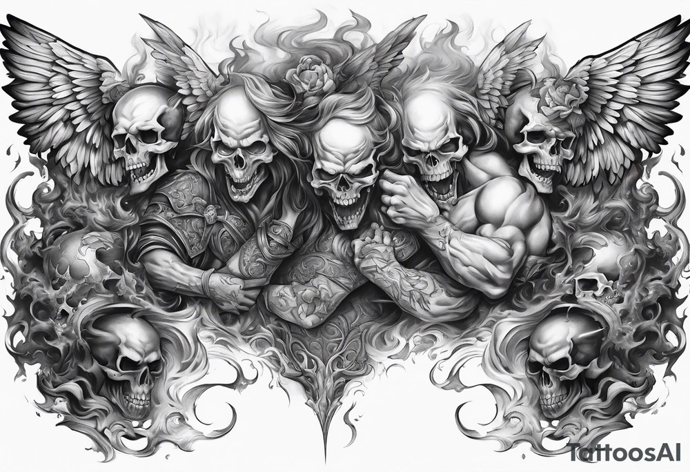 Angels fighting demons full sleeve with skulls and fire and smoke for filler tattoo idea