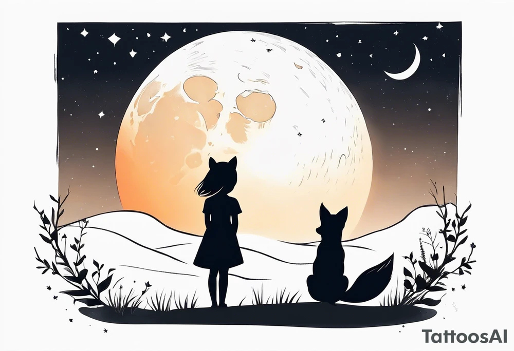 A little girl and a fox looking at the moon, we see them from behind tattoo idea