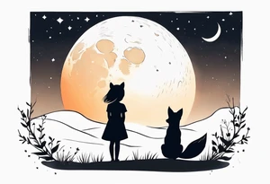 A little girl and a fox looking at the moon, we see them from behind tattoo idea