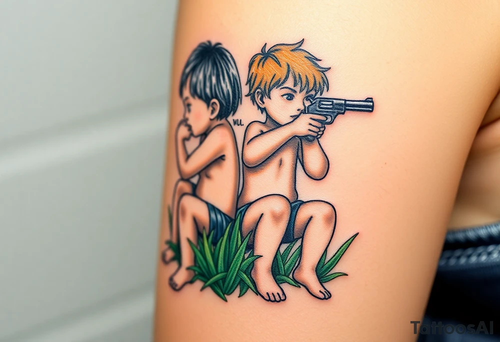 Due bambini, in stile realistico, colorato, seduti sull'erba, divisi da un muro di mattoni, uno piange mentre gioca con la palla, l'altro ride mentre si spara in bocca con la pistola dentro la bocca tattoo idea