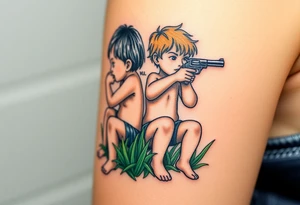 Due bambini, in stile realistico, colorato, seduti sull'erba, divisi da un muro di mattoni, uno piange mentre gioca con la palla, l'altro ride mentre si spara in bocca con la pistola dentro la bocca tattoo idea