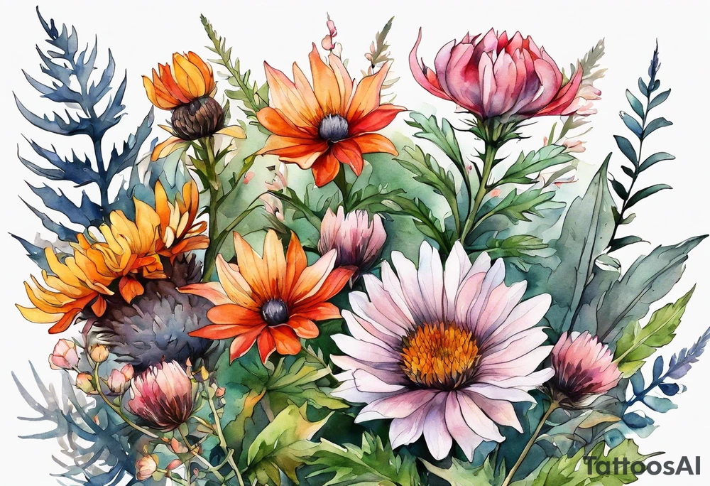 wildflowers with thistles, ferns, white flowers, pink flowers, burnt orange flowers, red flowers and yellow flowers all in watercolor tattoo idea