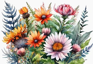 wildflowers with thistles, ferns, white flowers, pink flowers, burnt orange flowers, red flowers and yellow flowers all in watercolor tattoo idea