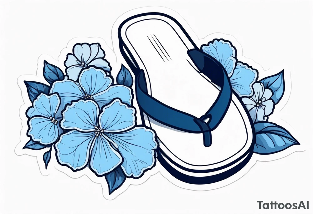 small tattoo of a light blue flip flop surrounded by blue hydrangea flowers tattoo idea